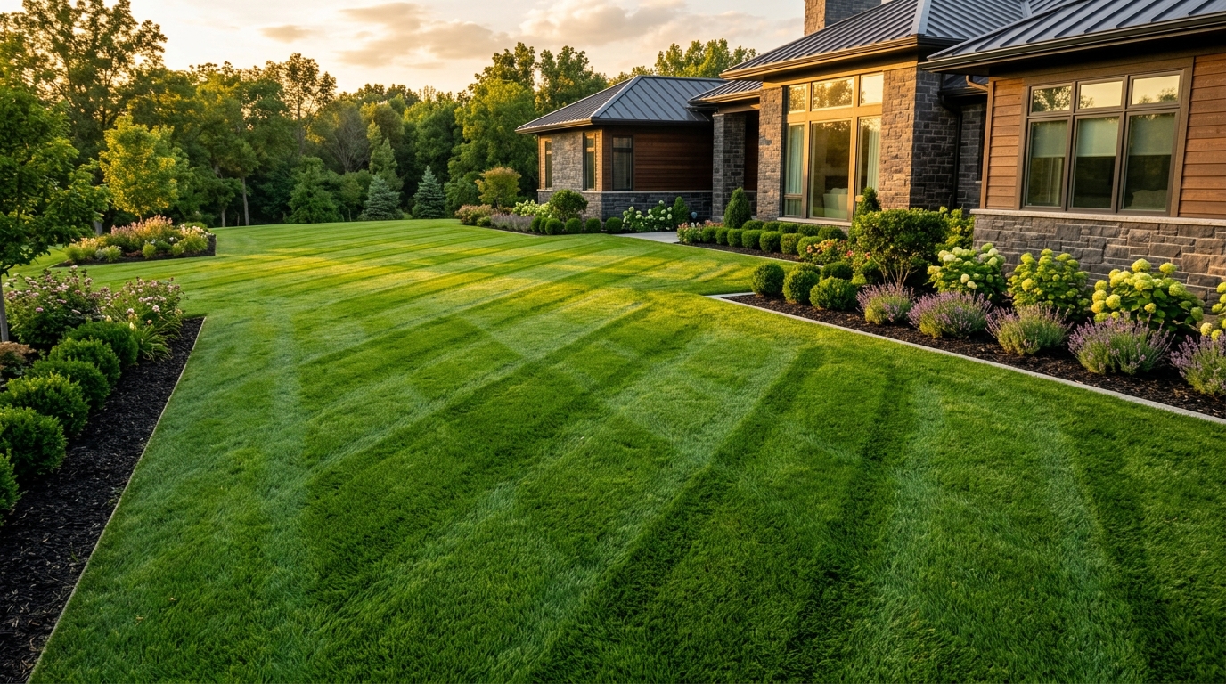 Meticulously manicured estate lawn with perfect stripes under soft light